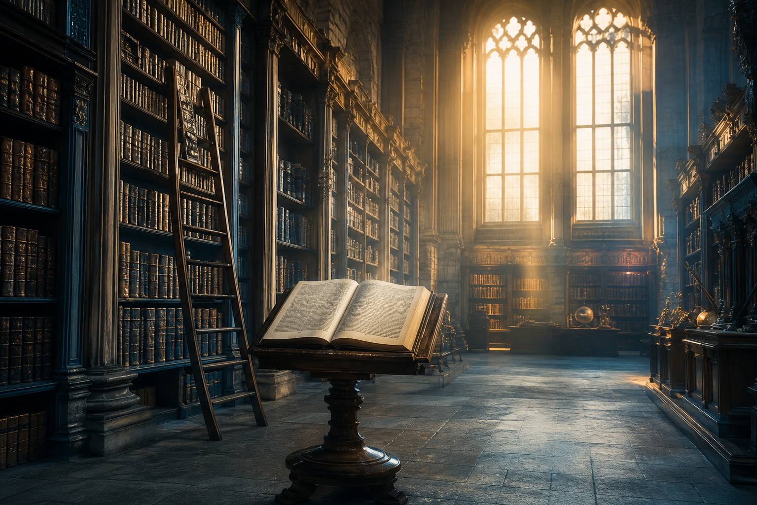 Bibliothèque ancienne vertigineuse avec un vieux livre ouvert sur un lutrin