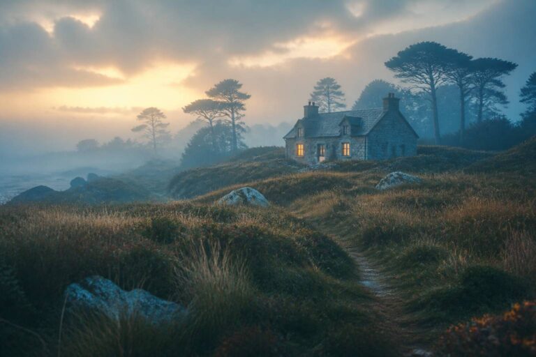 Maison de campagne isolée dans la brume avec une lueur aux fenêtres