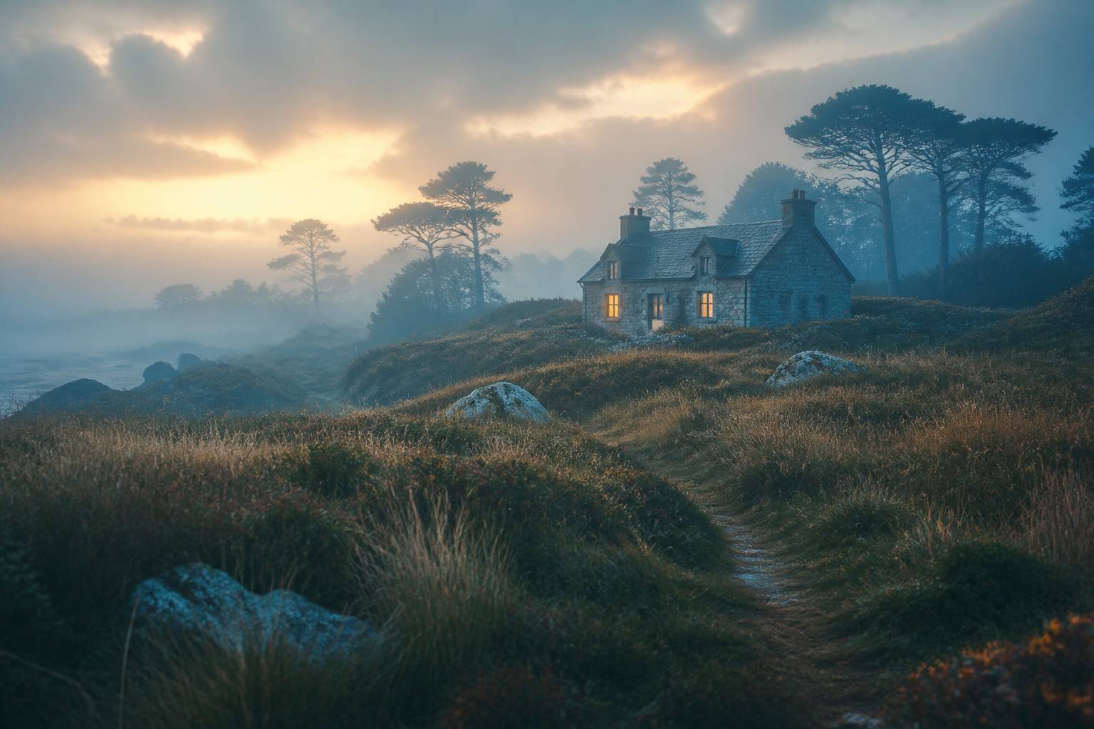 Maison de campagne isolée dans la brume avec une lueur aux fenêtres