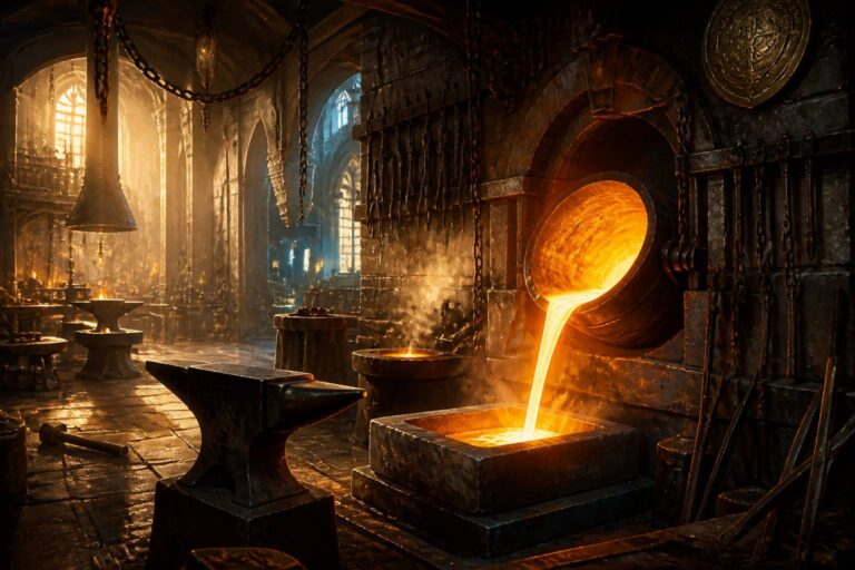 Forge fantastique avec du métal en fusion doré sur une enclume