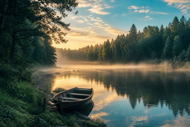 Rivière au crépuscule dans une vallée boisée avec barque en bois amarrée