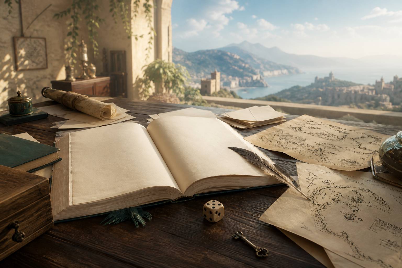 Manuscrit ouvert avec cartes imaginaires, plume et clé
