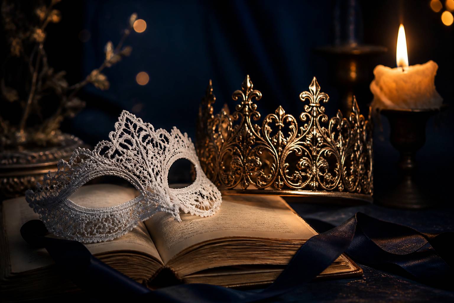 Masque en dentelle et couronne posés sur un livre ancien