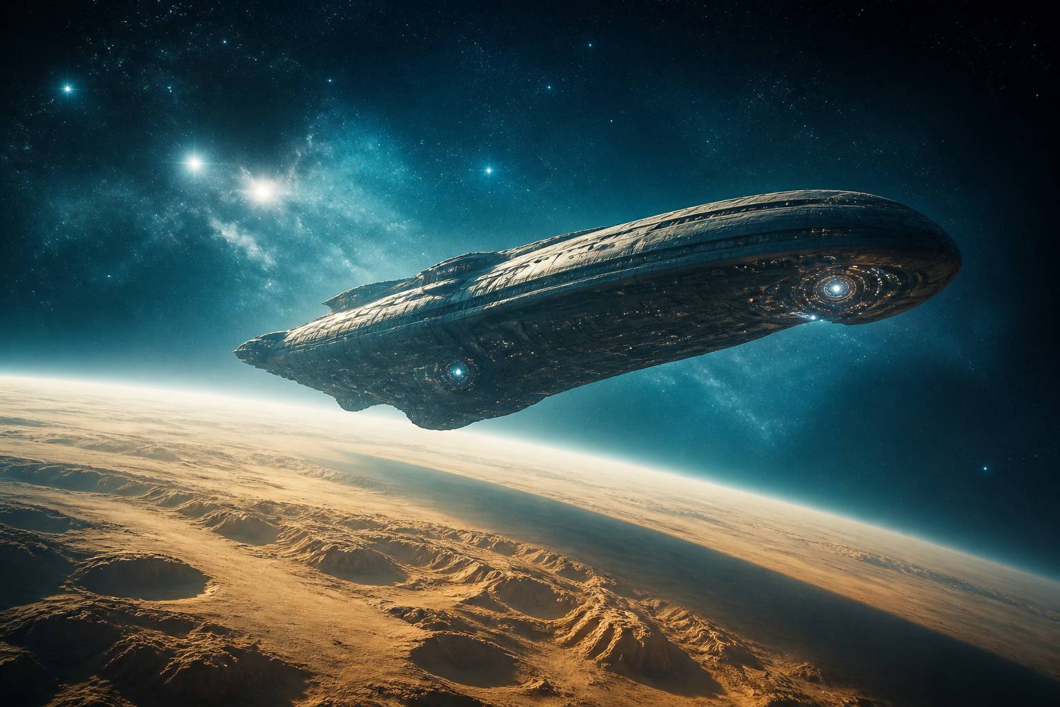Vaisseau spatial organique sombre dans un espace étoilé