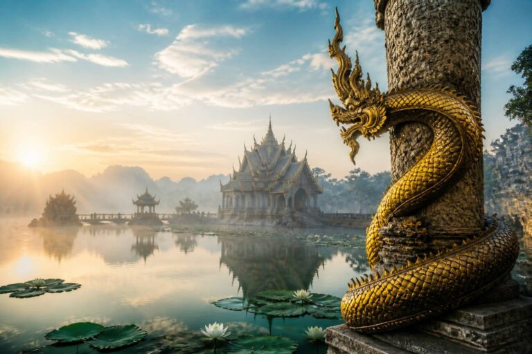 Temple asiatique au bord d'un lac avec une sculpture de naga dorée
