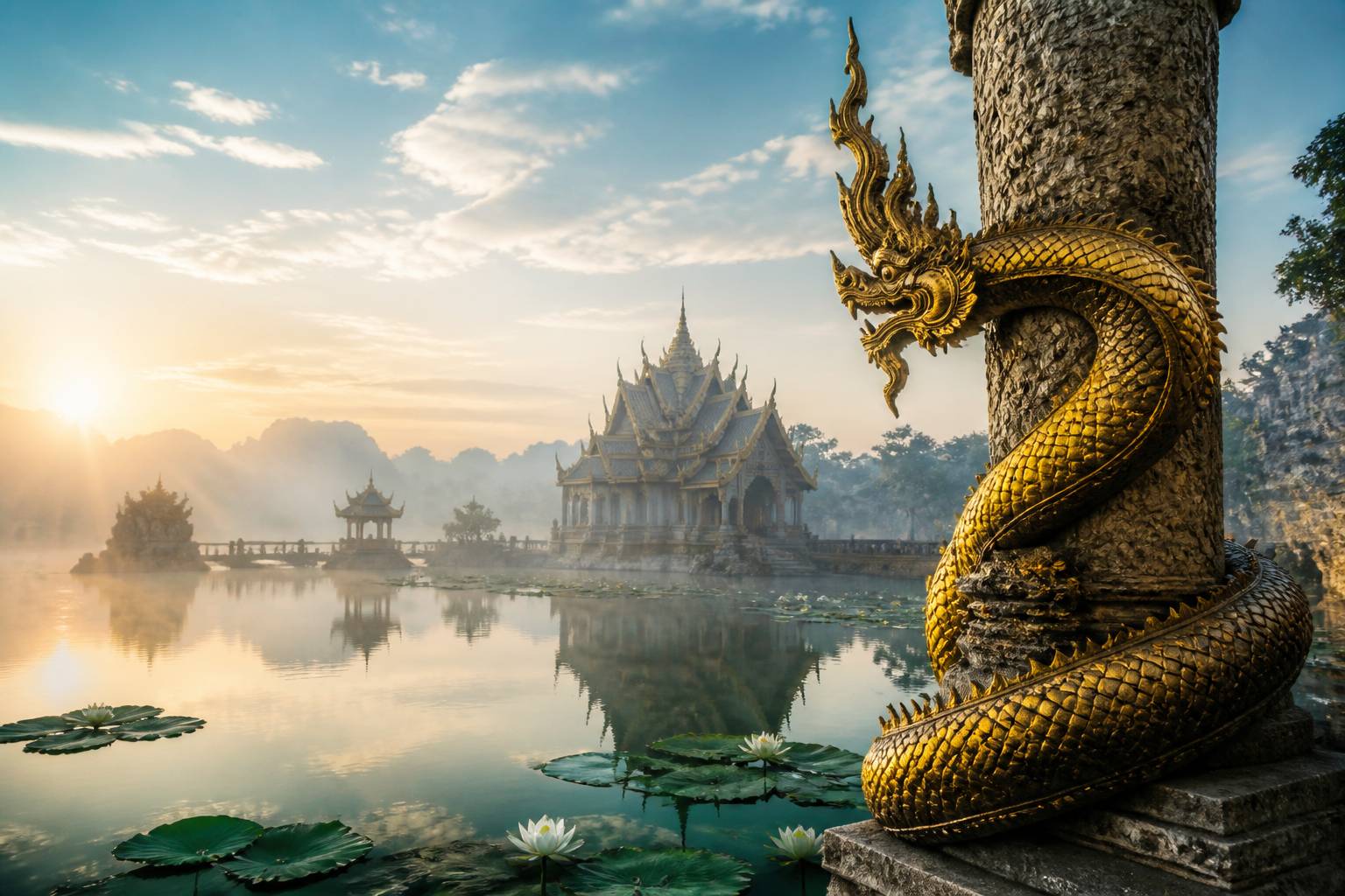 Temple asiatique au bord d'un lac avec une sculpture de naga dorée