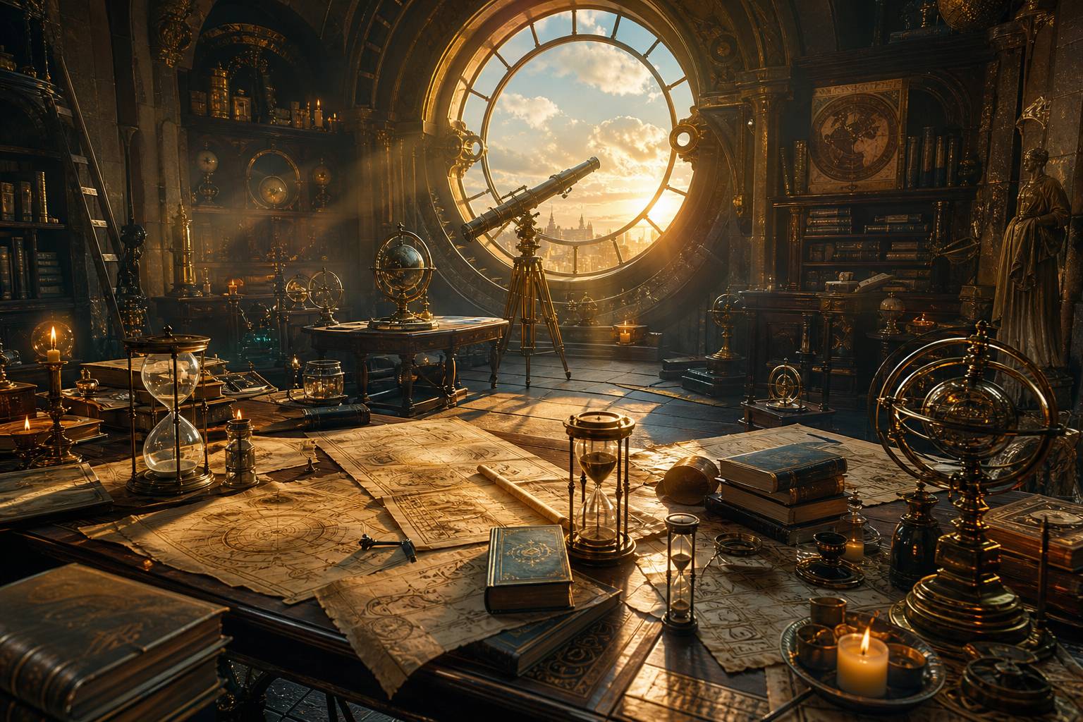 Observatoire caché avec cartes anciennes, sabliers et lunette astronomique à la lumière dorée