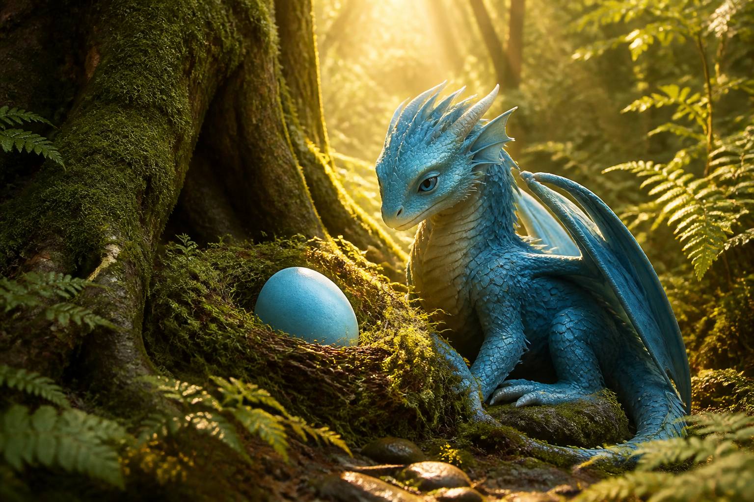 Œuf bleu lisse posé dans un nid de mousse avec un jeune dragon bleu au regard doux en forêt