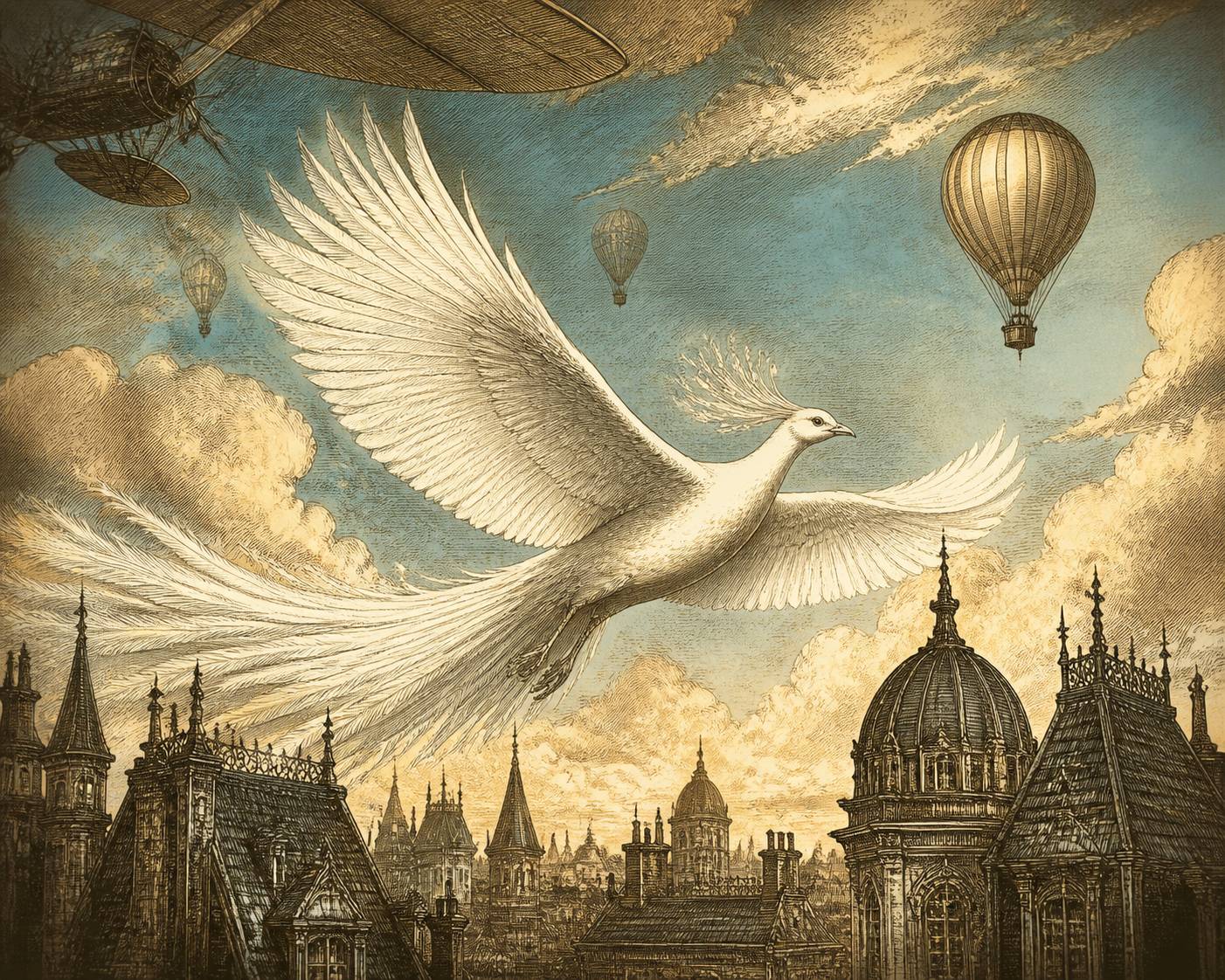 Oiseau fantastique blanc volant au-dessus d'une ville victorienne