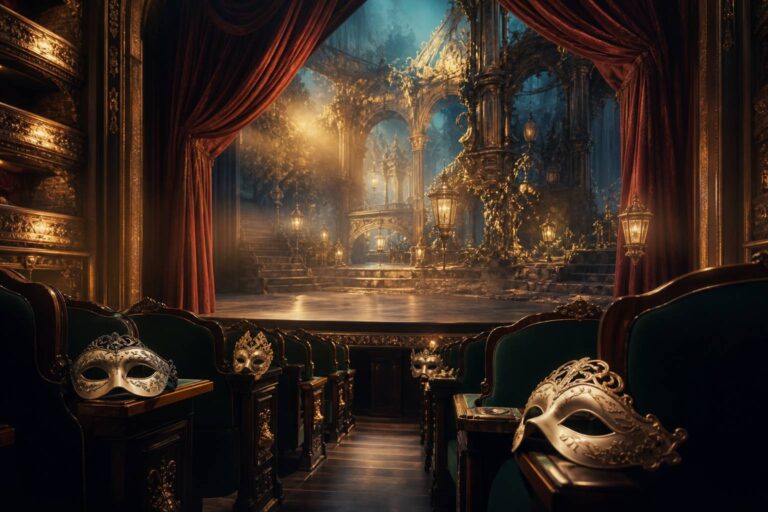 Scène d'opéra fantastique avec rideau de velours et masques de bal