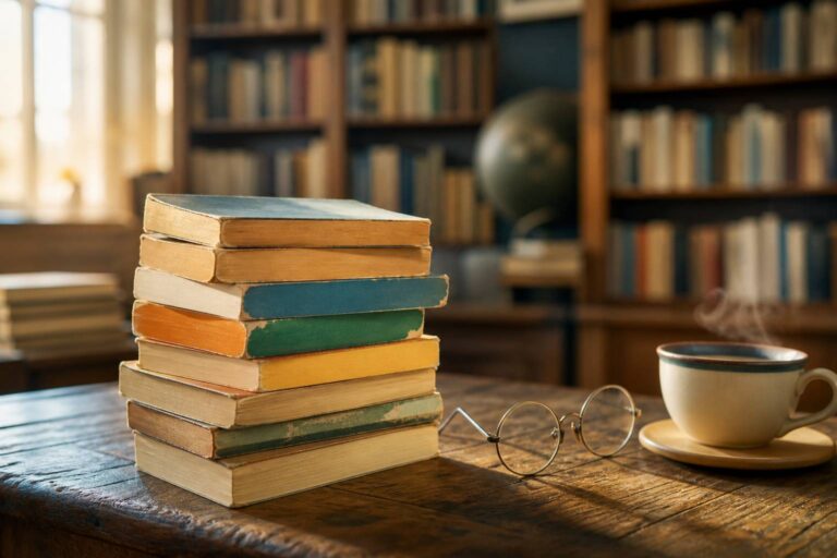 Pile de vieux livres de poche usés avec des lunettes rondes