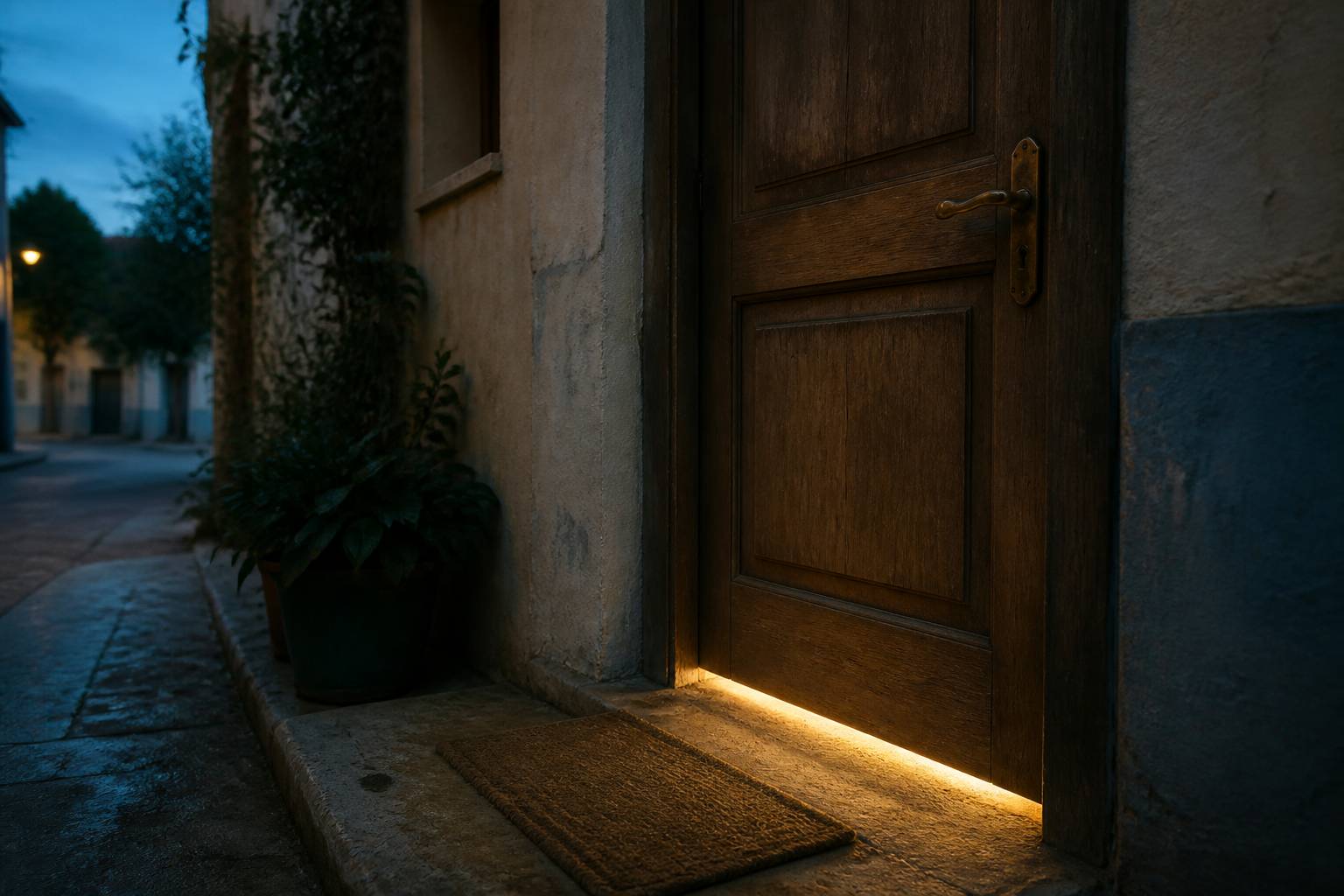 Porte en bois fermée avec lumière chaude filtrant dessous