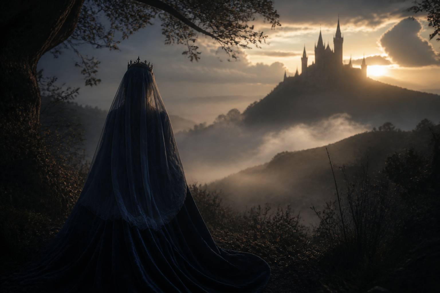 Princesse voilée de dos à la lisière d'une forêt