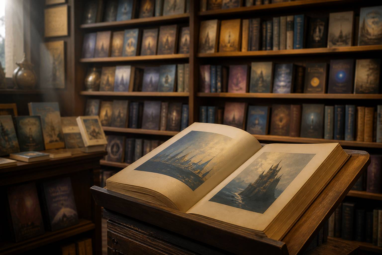 Étagère en bois remplie de livres de fantasy et science-fiction dans une librairie