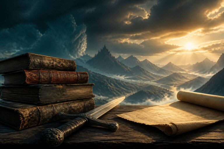 Pile de vieux livres reliés avec une épée ancienne et un parchemin sur une table