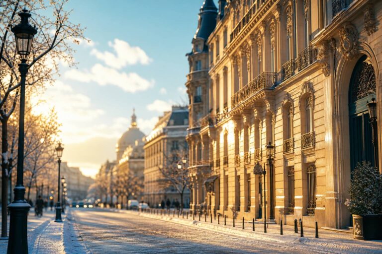 Rue parisienne en hiver baignée d'une lumière dorée