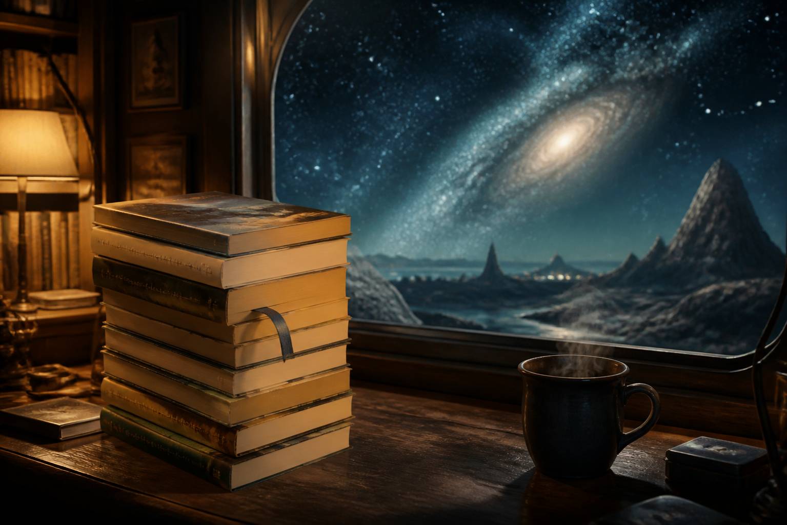 Pile de livres de science-fiction devant un ciel étoilé avec galaxie