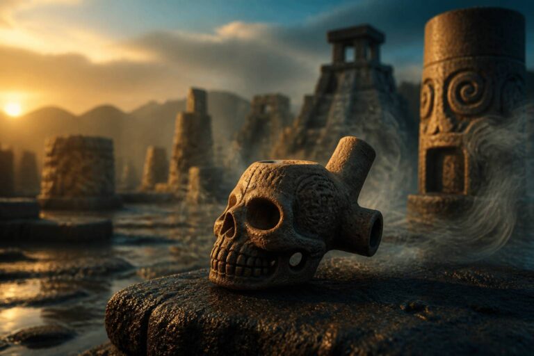 Sifflet aztèque en terre cuite sculpté posé sur une pierre sombre