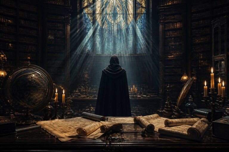 Mage en robe sombre devant des rayonnages de livres anciens
