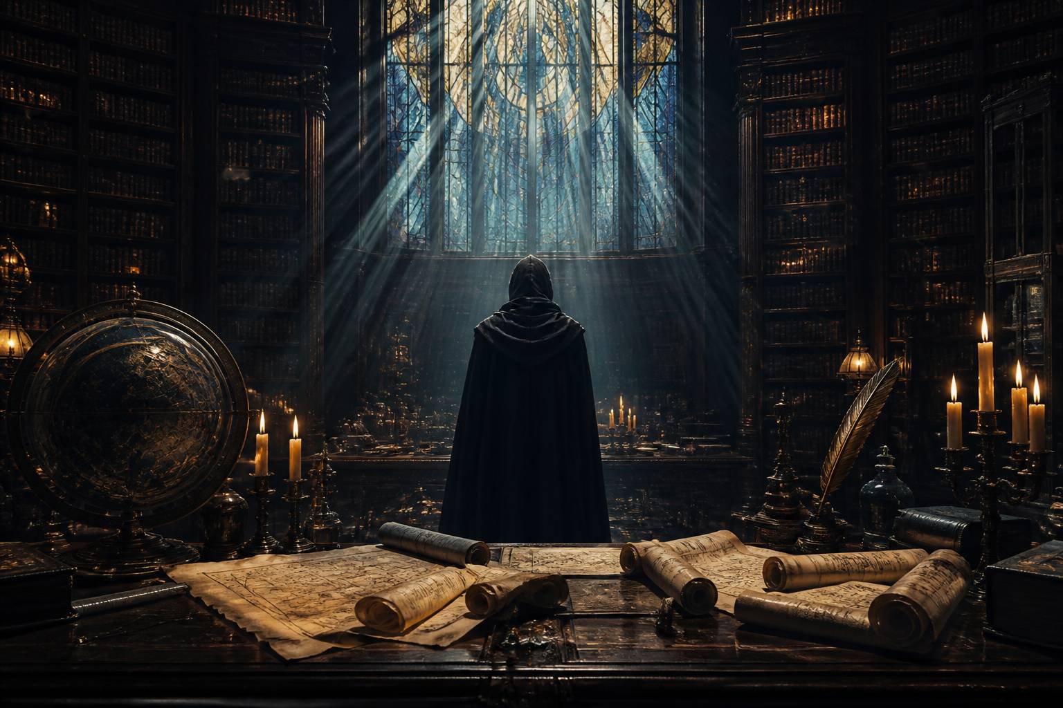 Mage en robe sombre devant des rayonnages de livres anciens