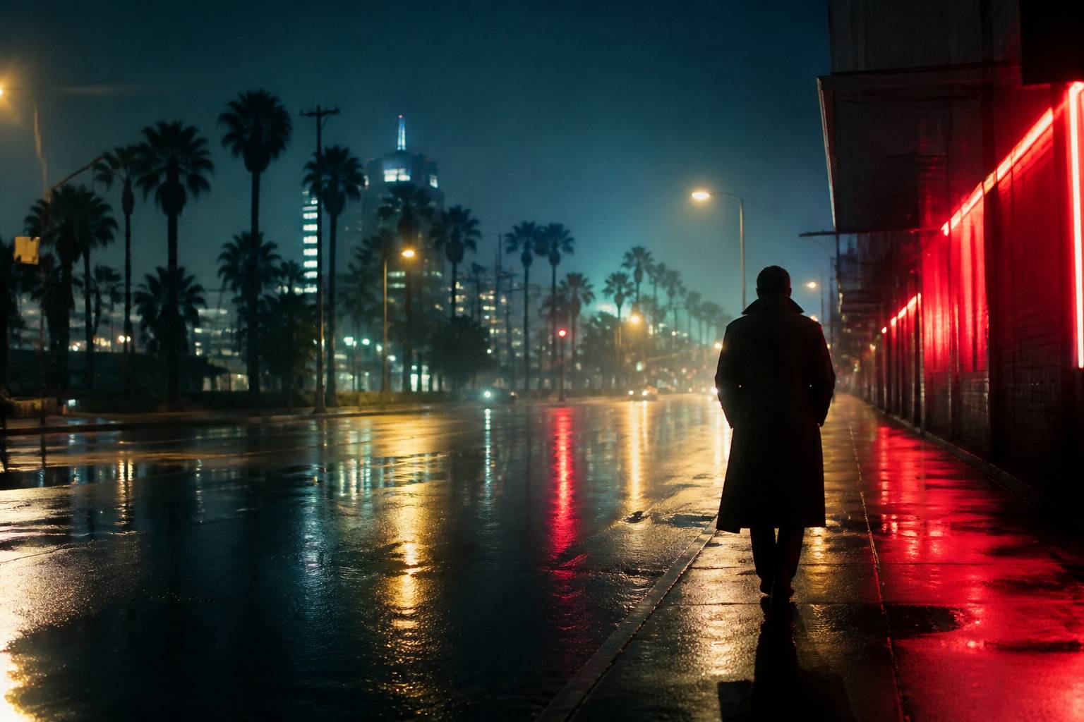 Silhouette sombre dans une rue nocturne aux néons rouges des années 1980