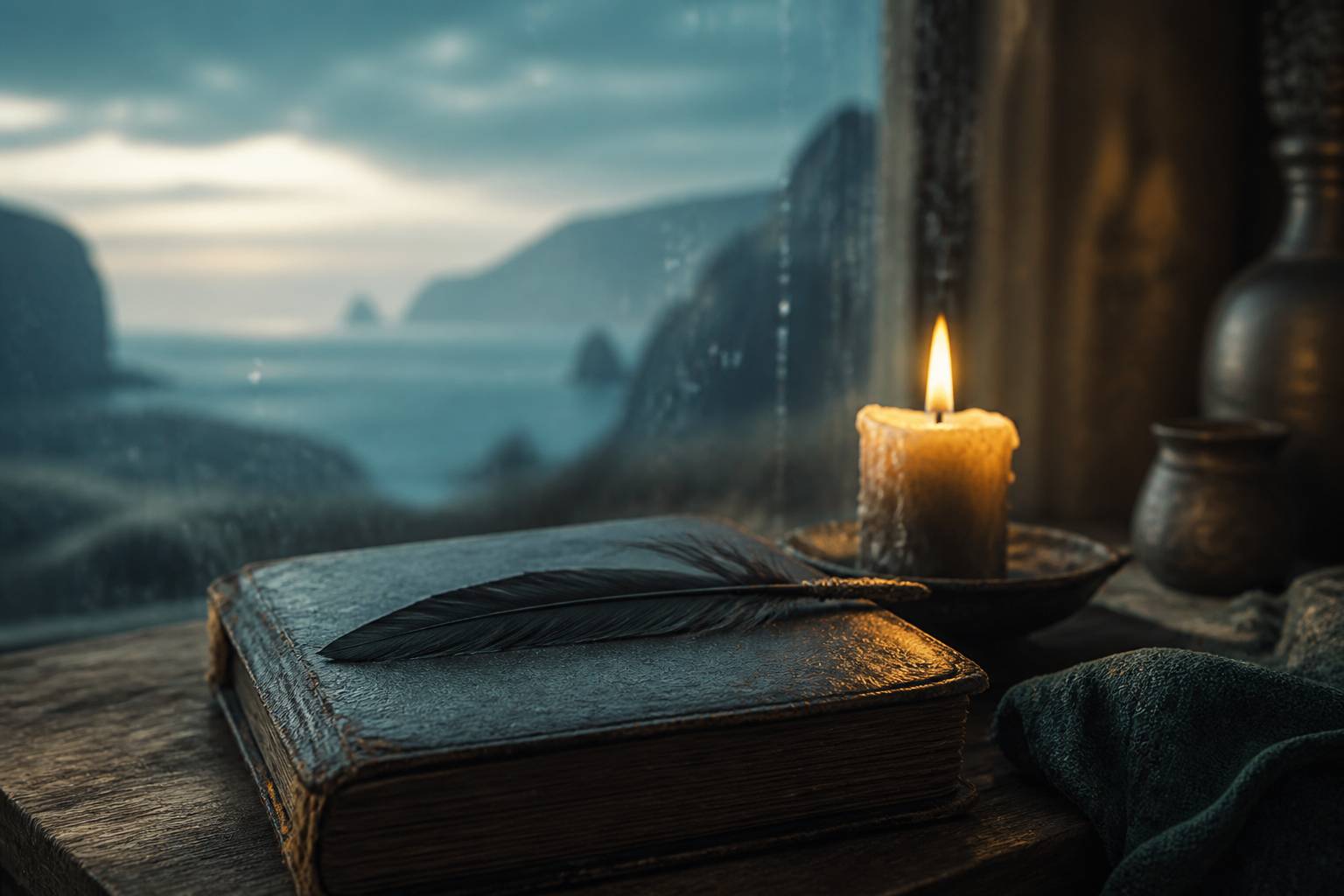 Vieux livre fermé avec une plume noire et une bougie allumée