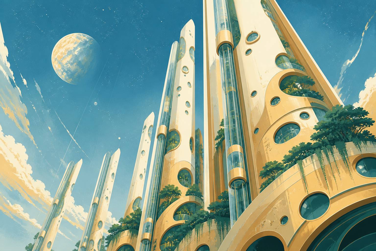 Tours verticales futuristes avec ascenseurs de verre s'élevant vers un ciel cosmique étoilé