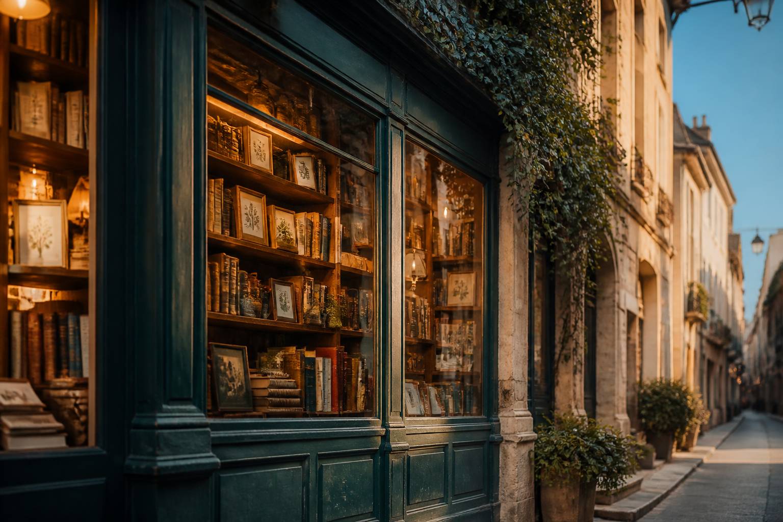 Vitrine de librairie éclairée avec des livres et lumière dorée