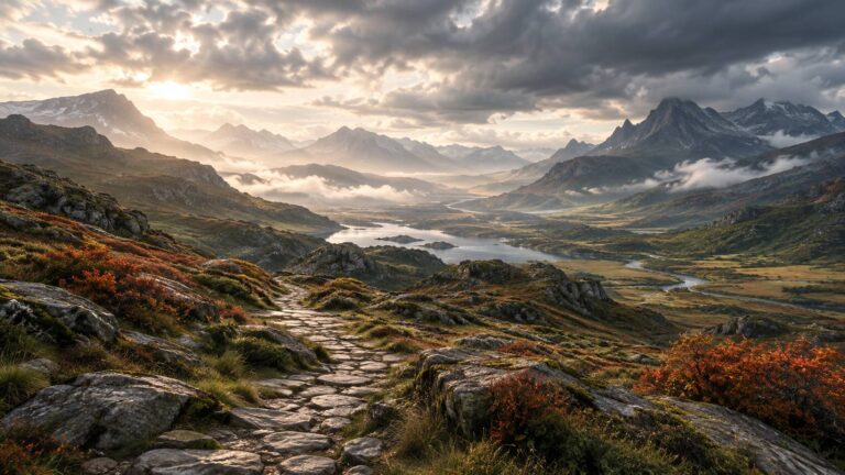 Paysage de fantasy avec vallees verdoyantes et montagnes brumeuses