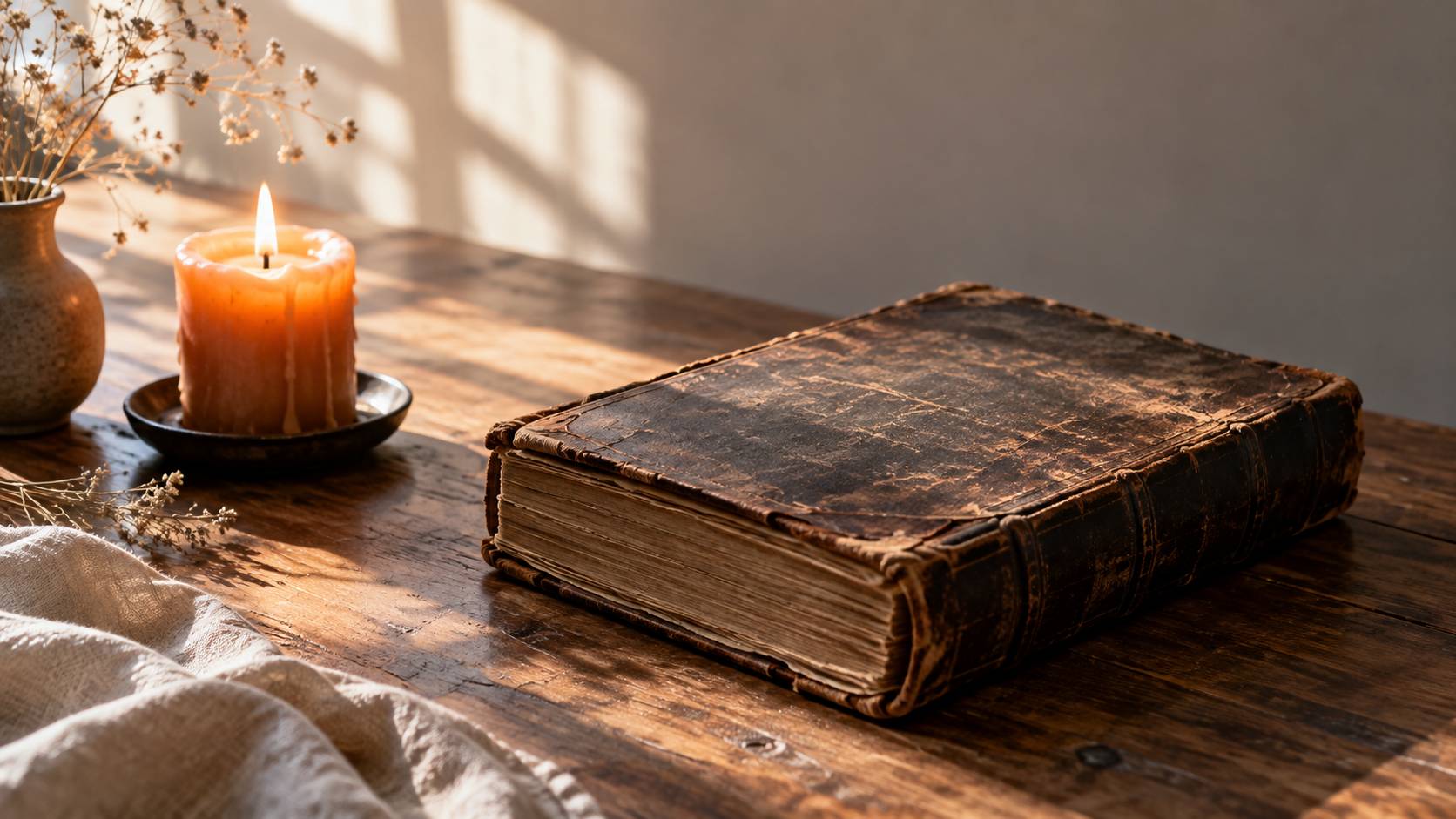 Vieux grimoire ferme et bougie allumee sur une table de bois