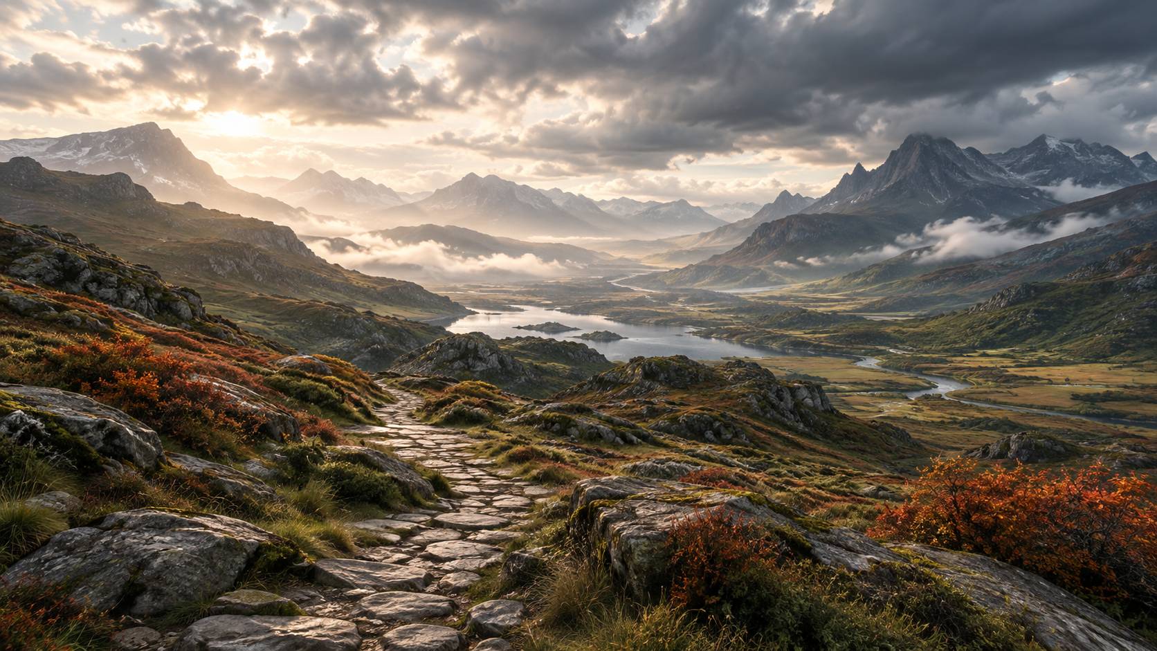 Paysage de fantasy avec vallees verdoyantes et montagnes brumeuses