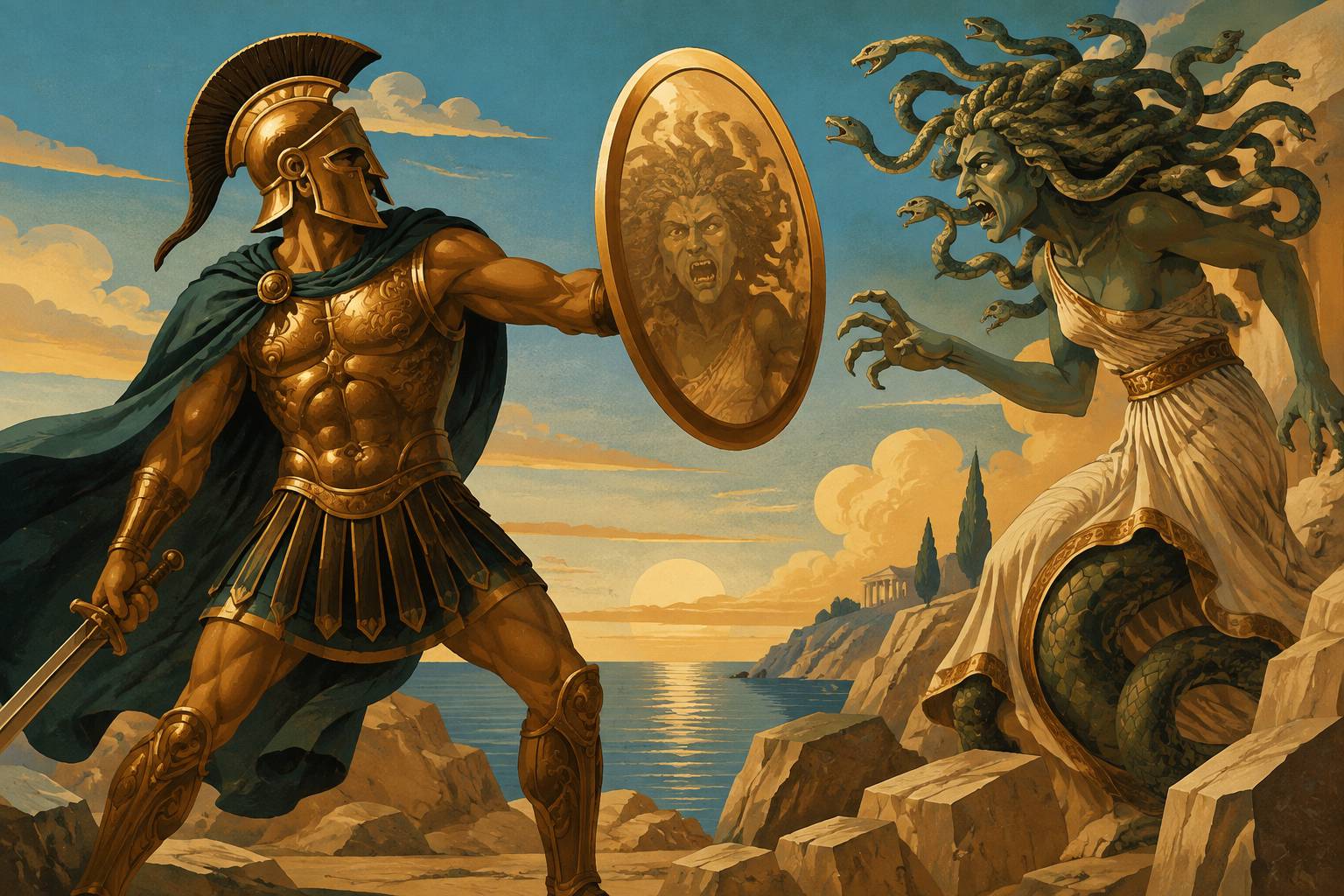 Combat mythique d'un héros présentant son bouclier-miroir à une gorgone aux cheveux de serpents