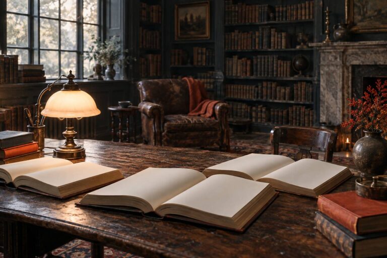 Volumes relies ouverts sur une table de bois dans une bibliotheque ancienne