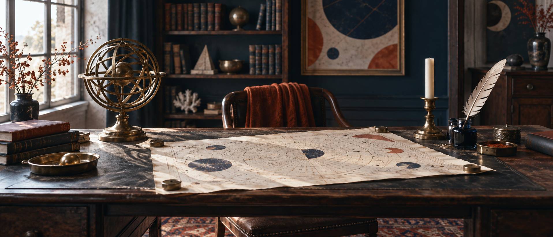 Cabinet d'etude feutre avec carte du ciel et sphere de laiton