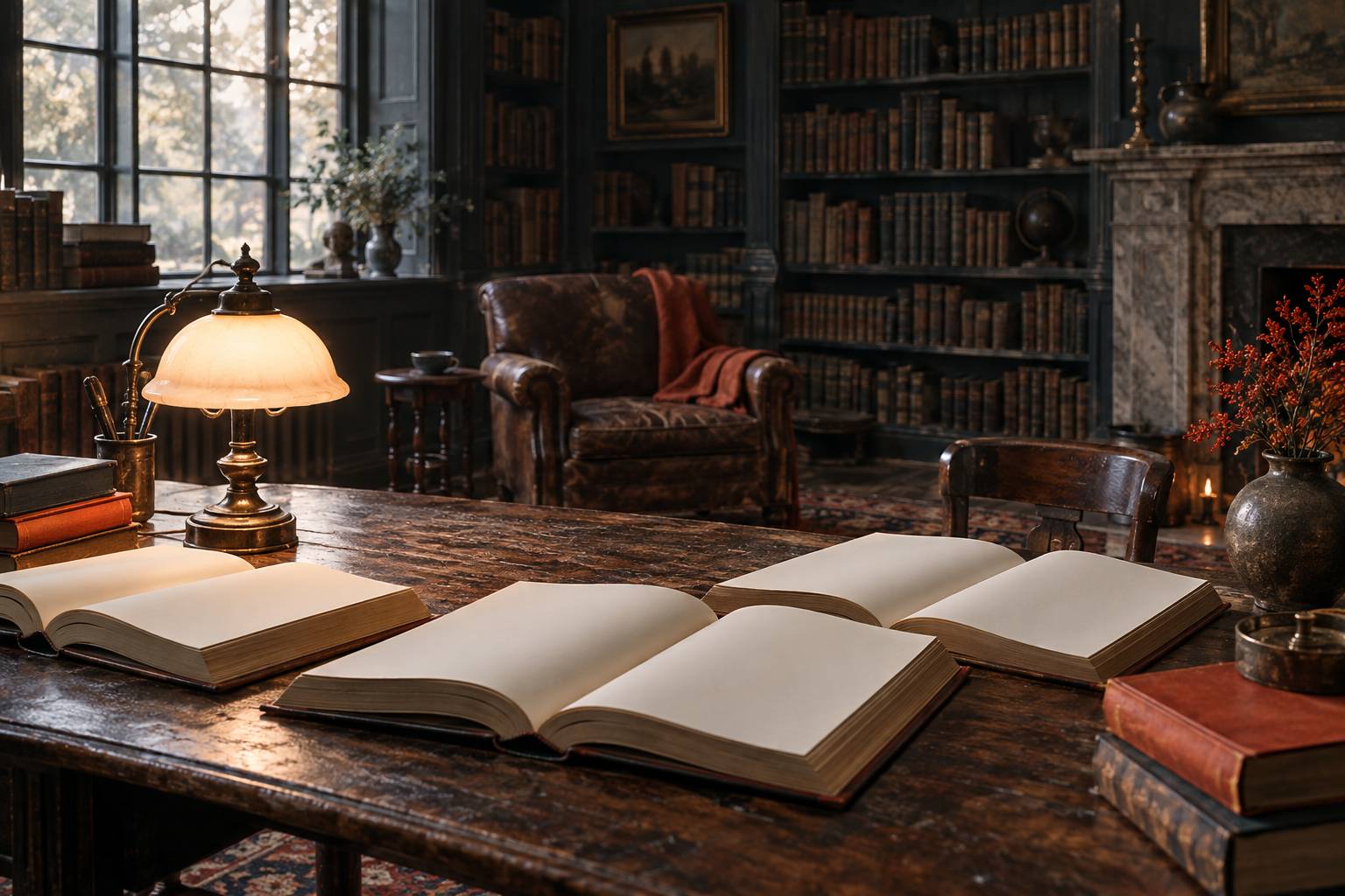 Volumes relies ouverts sur une table de bois dans une bibliotheque ancienne