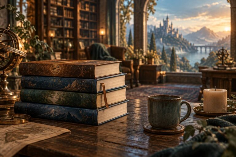 Pile de romans de fantasy sans titre sur une table en bois sombre