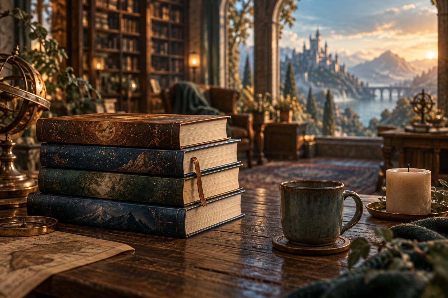 Pile de romans de fantasy sans titre sur une table en bois sombre
