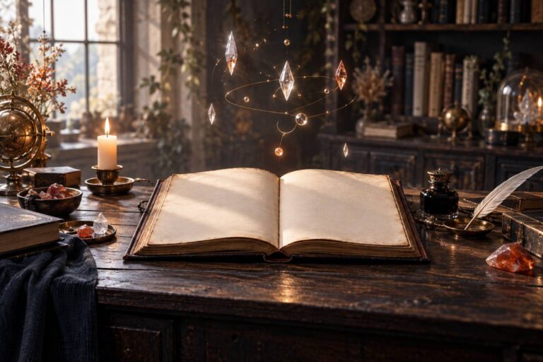 Grimoire de cuir ouvert avec cristaux lumineux suspendus et bougie allumée