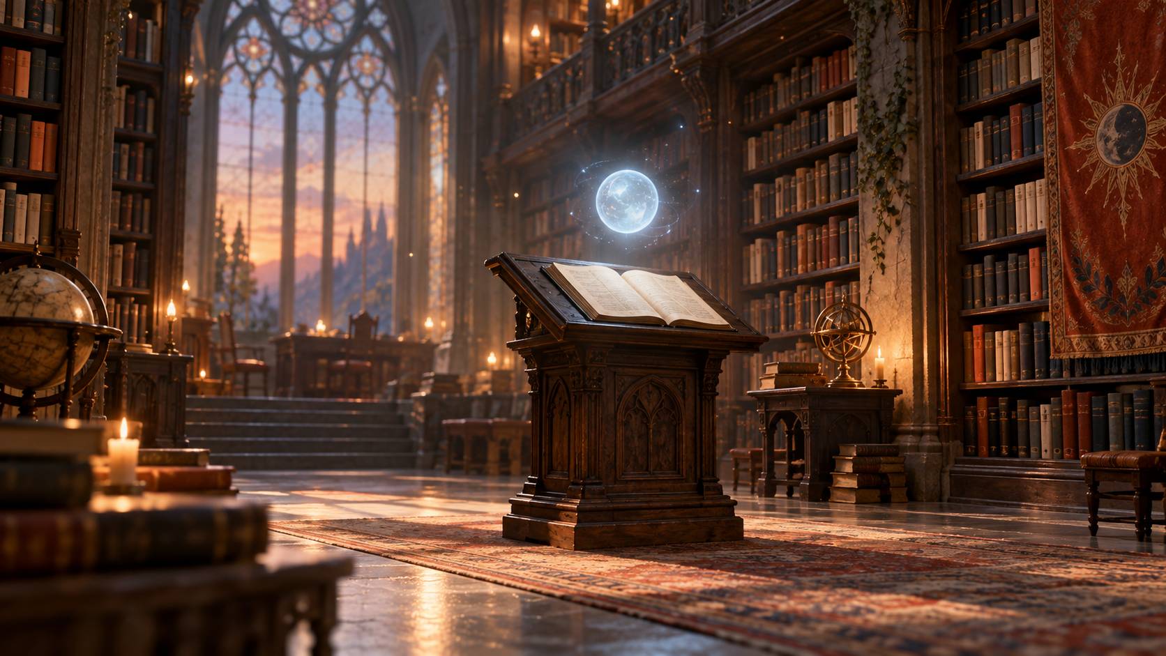 Bibliothèque ancienne avec sphère de lumière bleutée au-dessus d'un lutrin