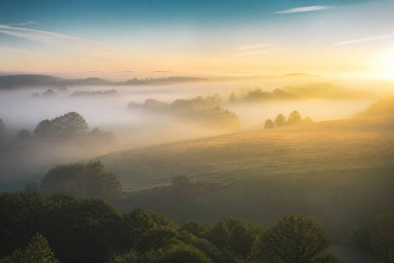 Paysage brumeux au lever du soleil évoquant la fragilité des souvenirs