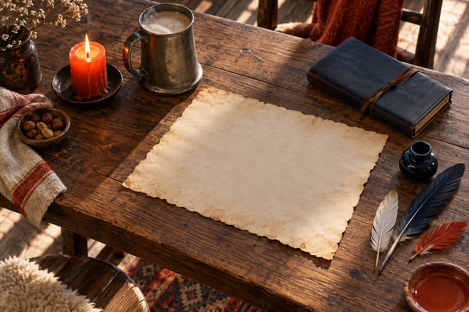 Table d'auberge imaginaire avec bougie, chope et carnet ferme
