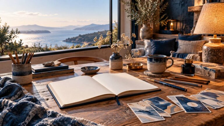 Carnet vierge, dés en bois et cartes illustrées sur un bureau d'écriture éclairé