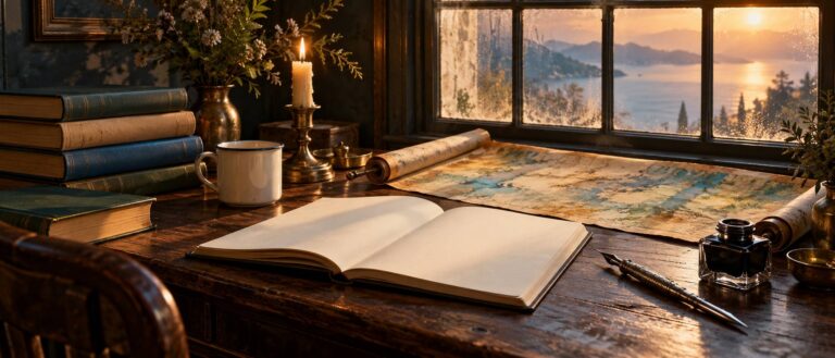 Bureau d'écriture avec carnet ouvert, plume, encrier et lumière dorée