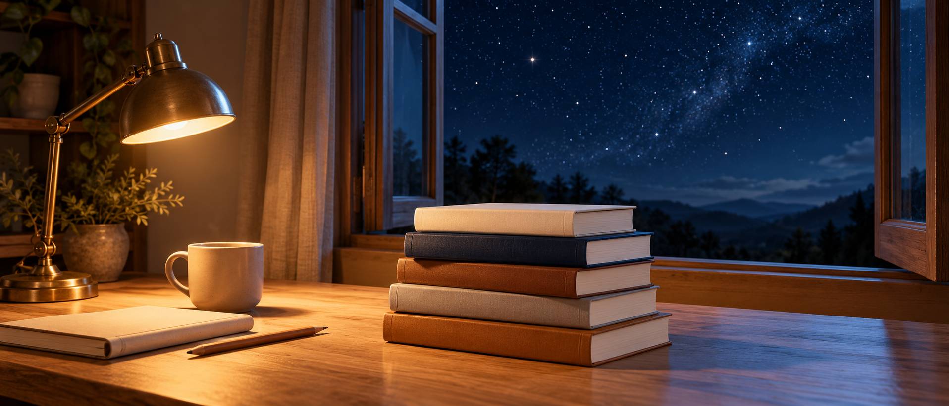 Cinq livres aux couvertures de toile unie empilés sur un bureau en bois devant une fenêtre étoilée