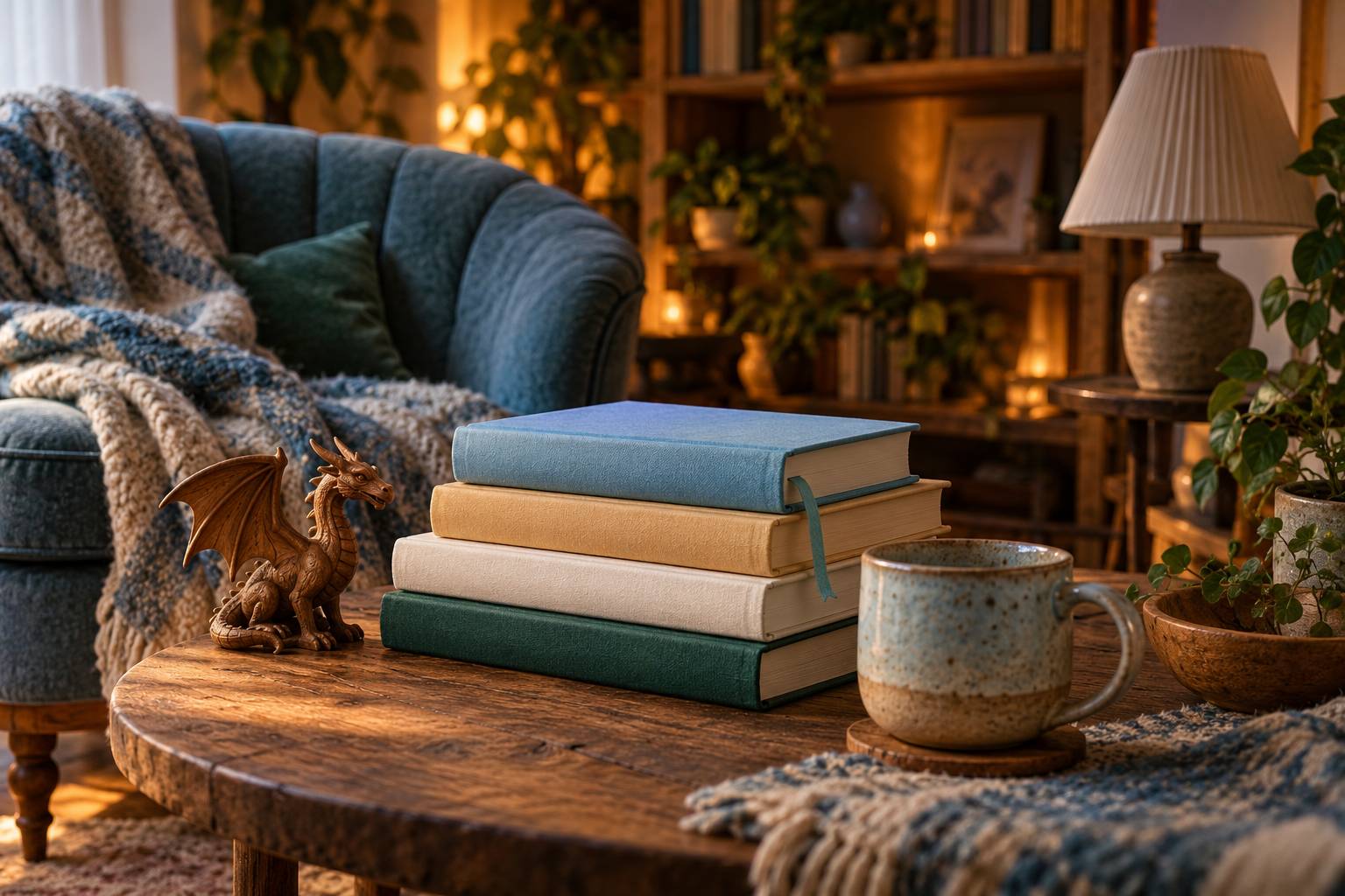Coin lecture avec pile de livres aux couvertures unies et vierges, plaid, tasse et figurine de dragon
