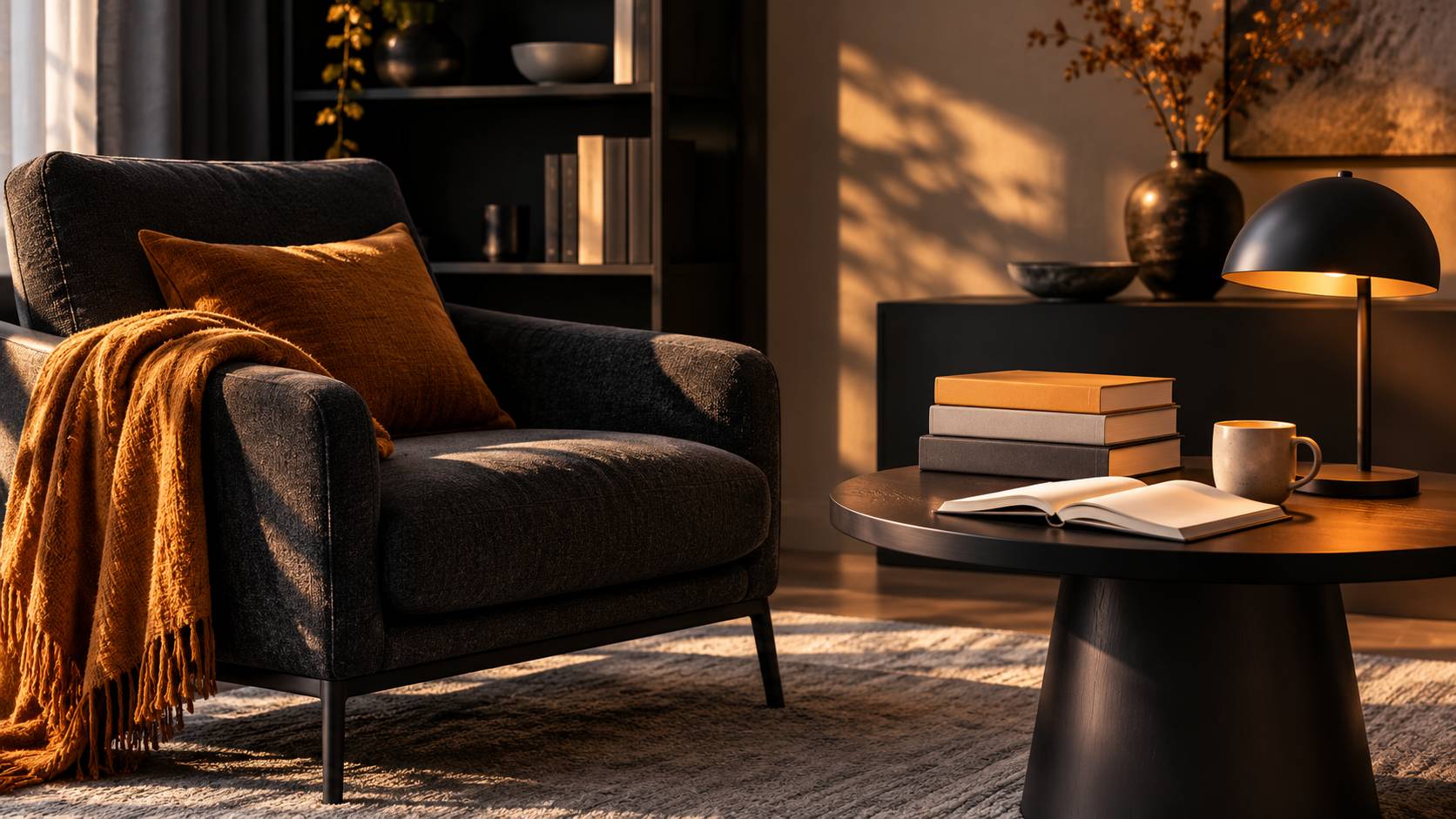 Coin de lecture avec pile de romans, fauteuil et lampe de bureau