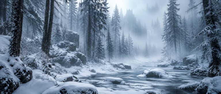 Forêt enneigée brumeuse aux silhouettes spectrales évoquant un récit fantastique