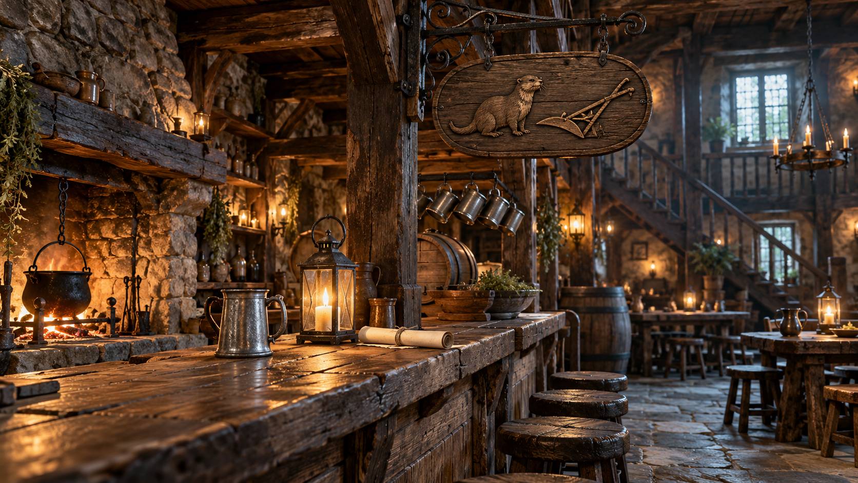 Enseigne de bois sculptée au-dessus d'un comptoir de taverne médiévale éclairée à la lanterne