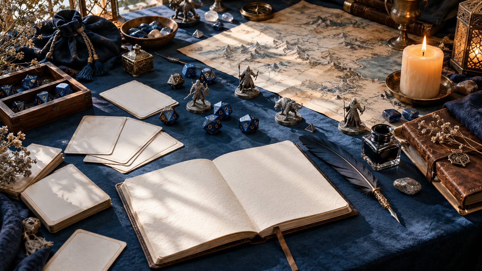 Bureau de jeu de rôle avec dés polyédriques, cartes vierges, carnet et figurines neutres