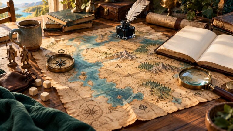 Carte fantasy vierge sur un bureau en bois avec boussole, plume et encrier
